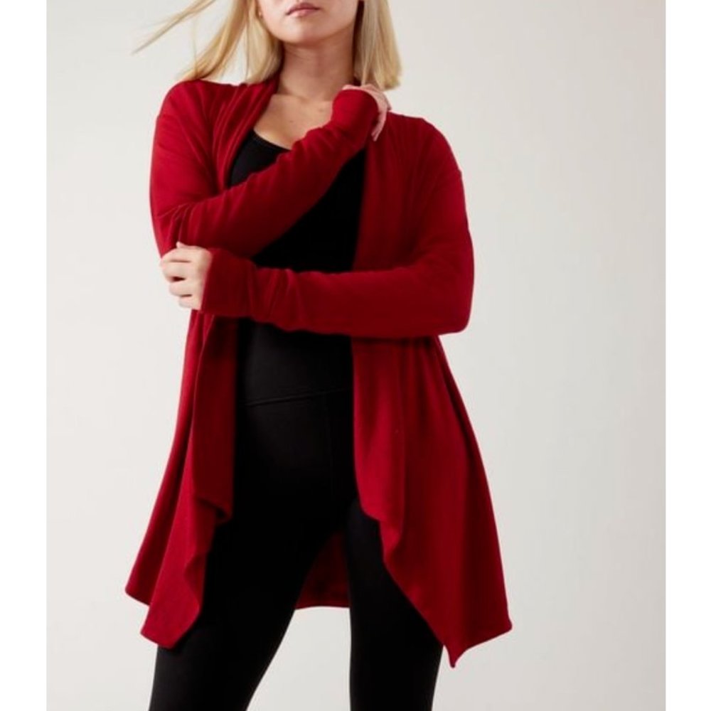 ATHLETA CANDY RED POCKETS NIRVANA PRANAYAMA RESTORE WRAP CARDIGAN